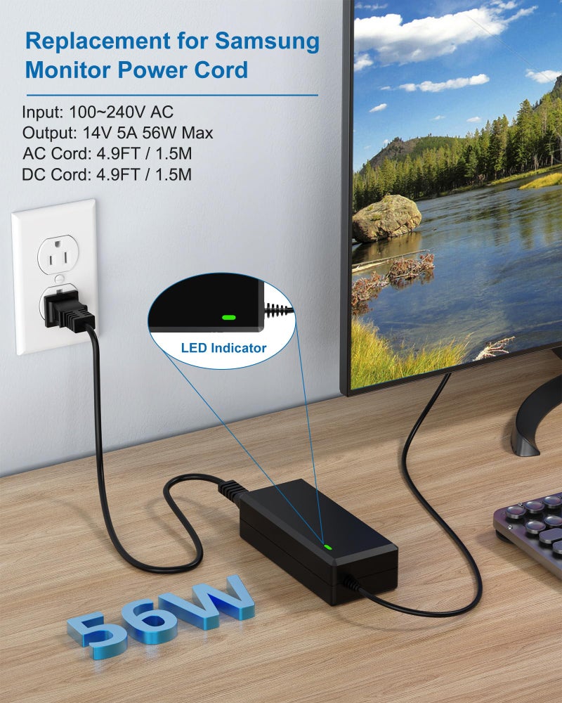 VHBW for Samsung Monitor Power Cord DC 14V 4A for Samsung SyncMaster 32â€ 27" 24" 22" 23" 20" 19" 18" 17" 15â€ Screen LED LCD TFT Monitor TV Power Supply Cord - Image 3
